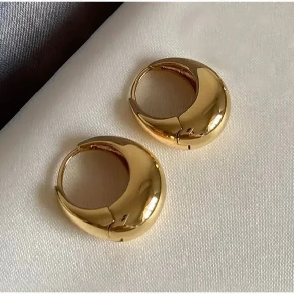 14K Gold Plated Oval Hoop Earrings Organic Irregular Chunky Statement Modern - Picture 3 of 3